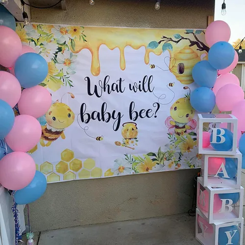Vista 3 de Avezano Fondo de revelación de género de abeja con diseño de girasol What Will Baby Bee Gender Reveal Party Decor Photography Background (7 x 5 pies)