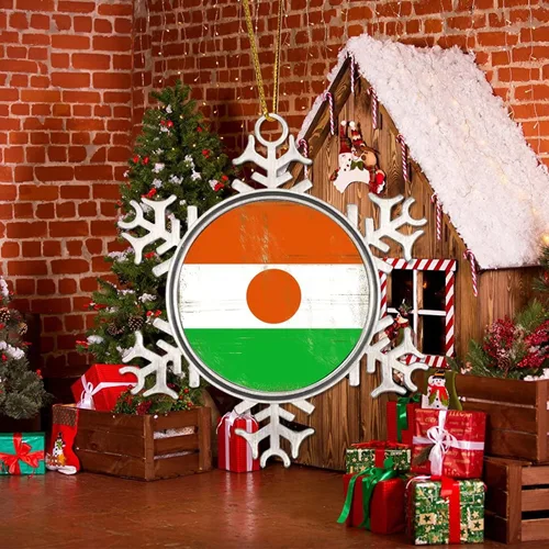 Vista 5 de Níger - Adorno de Navidad con copo de nieve de metal, regalo patriótico de recuerdo para árbol de Navidad, adornos colgantes de bandera nacional