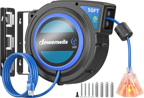 Vista 14 de DEWENWILS Carrete de cable de extensión retráctil de 50 pies con 6 tomas con conexión a tierra, cable de alimentación SJTOW resistente 14/3C