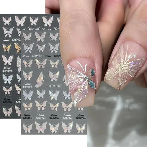 Vista 48 de 5 hojas de calcomanías de arte de uñas de mariposa, 3D coloridas mariposas, suministros de arte de uñas, mariposas, flores, calcomanías Con