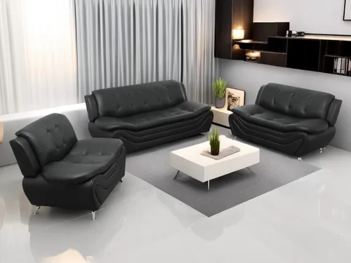 Vista 6 de Sofás de cuero para sala de estar, juego de sofá para dormitorio, apartamento, juegos de muebles de sala (a-cuero negro, sofá+sofá biplaza+silla)
