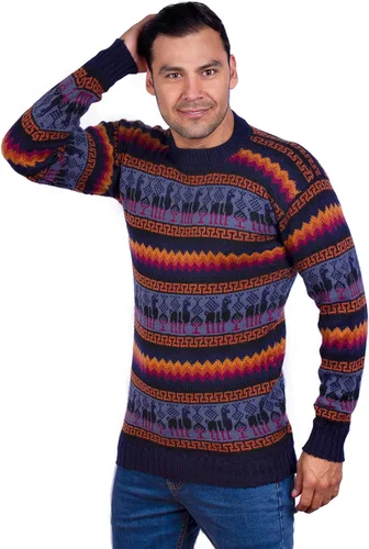 Vista 5 de Cuello Redondo Azul Marino Alpaca Suéter para Hombre - Jersey de Invierno