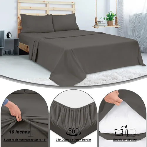 Vista 5 de ROYALE LINENS Juego de sábanas de 300 hilos 100% algodón peinado de fibras largas, 4 piezas, 1 sábana bajera, 1 encimera y 2 fundas de almohada, Gris