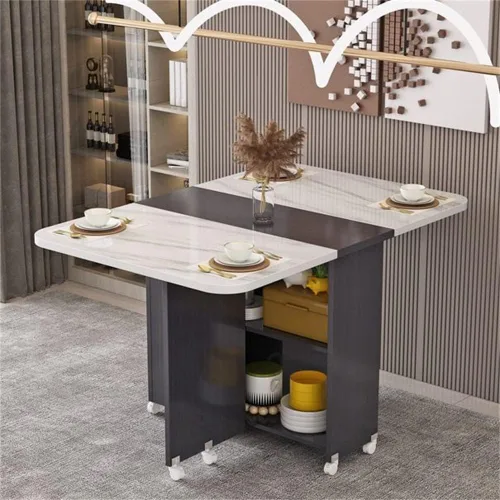 Vista 10 de LAKIQ Mesa de comedor plegable moderna con ruedas y estante de almacenamiento de 2 capas, mesa plegable de cocina rectangular con plomo para Beige