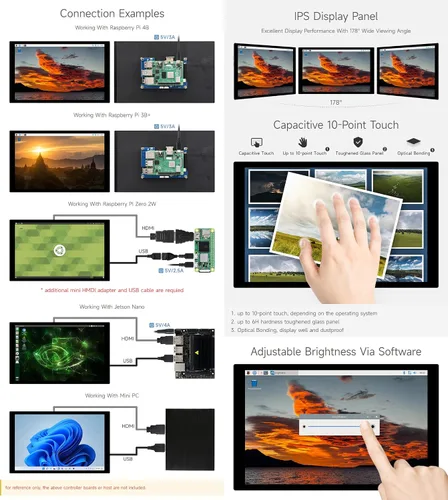 Vista 5 de waveshare Pantalla táctil capacitiva IPS de 10.1 pulgadas, resolución de 1280 × 800, interfaz HDMI, compatible con Raspberry Pi 5/4B/3B/Zero/Zero
