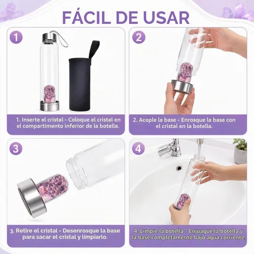 Vista 5 de ChezMax Botella de agua en cristal con centro de cristal natural intercambiable A - Amatista + cristal rosa