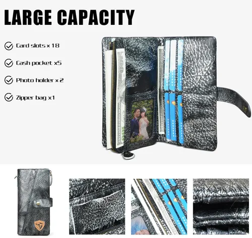 Vista 4 de Genuino caballo loco cuero viaje regalo moneda bolsillo tarjeta caso largo organizador cadena Rfid monedero con broche para hombres hombres 1803