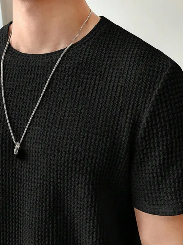Vista 5 de WDIRARA Camiseta de punto gofre de manga corta con cuello redondo para hombre