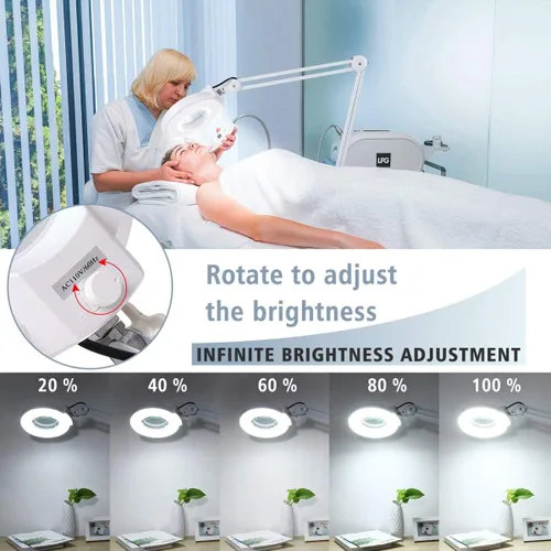 Vista 4 de Lámpara de pie con aumento 10X con 5 ruedas base rodante para esteticistas – 2,200 lúmenes LED regulable luz con lupa, lupa iluminada para leer