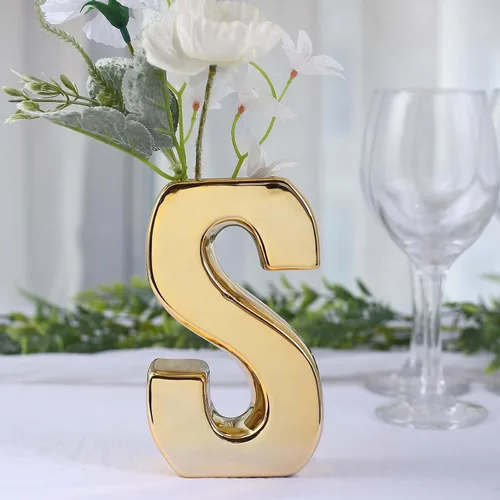 Vista 20 de Efavormart.com Maceta de cerámica chapada en oro brillante de 6" con escultura de letra B, florero para plantas de brotes, pieza central de mesa