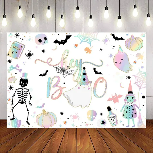 Vista 7 de Avezano Cartel de fondo de Halloween de Hey Boo de 7 x 5 pies, pancarta espeluznante de Little Boo, decoraciones para fiestas de Halloween para Negro