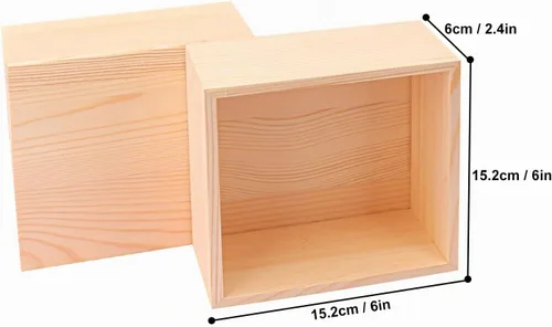 Vista 2 de 12 cajas de madera sin terminar, cajas pequeñas cuadradas de madera de 6 x 6 pulgadas, caja de madera rústica para exhibición, contenedor