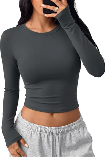 Vista 19 de Trendy Queen Camisetas cortas de manga larga para mujer, camisetas básicas Blanco