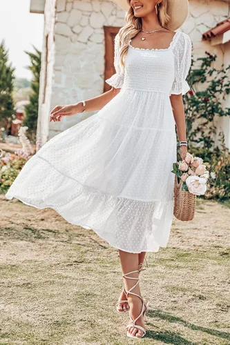 Vista 8 de MEROKEETY - Vestido de verano con lunares suizos para mujer vestido midi con cuello cuadrado, mangas abombadas, volados, lazo en la espalda