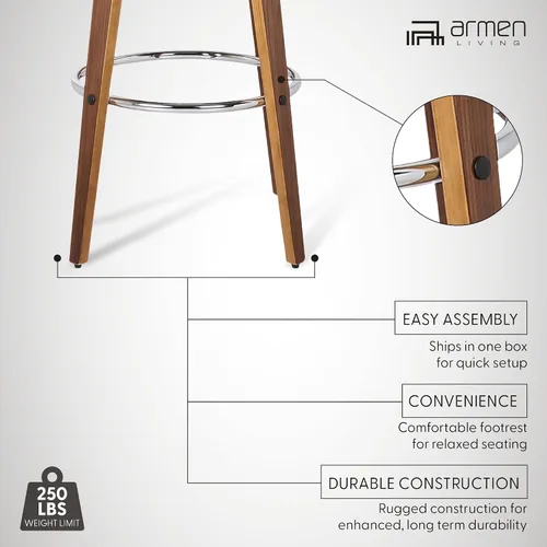 Vista 4 de Armen Living Shelly 26" Altura del Asiento Taburete Giratorio de Bar de Estilo Moderno de Mediados del Siglo para Isla de Cocina y Encimera en Cuero
