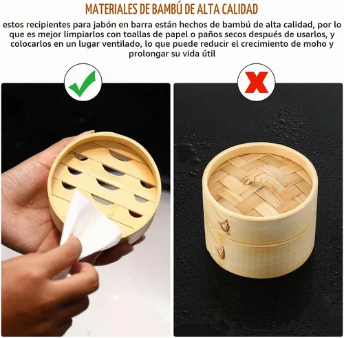 Vista 5 de Chengu Soporte de barra de jabón de bambú natural con tapa, para drenaje, red de espuma, contenedor de champú, bandeja de madera, funda de bambú