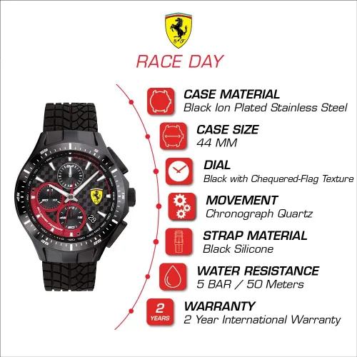 Vista 2 de Ferrari Mens Race Day Stainless Steel Quartz Watch with Silicone Strap Black 22 Model 0830696