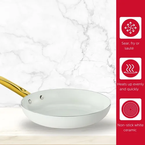 Vista 3 de Holstein Housewares Sartén antiadherente de cerámica de 8 pulgadas, elegante mango de color blanco y dorado, elegancia dorada para cada cocina
