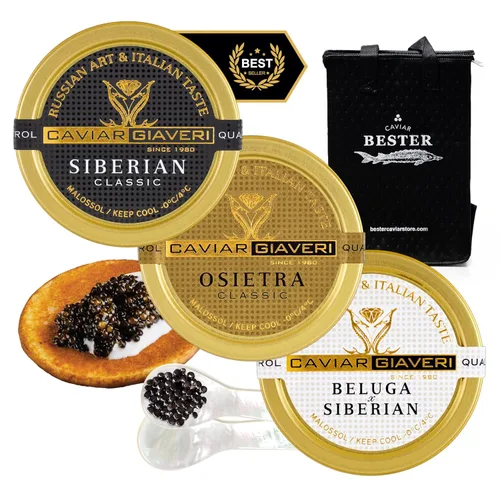 Vista 10 de BESTER CAVIAR Royal Beluga - Juego de muestras híbridas de 1.05 onzas (1.06 oz) - Paquete de muestras de esturión Huso huso x Baerii - Juego