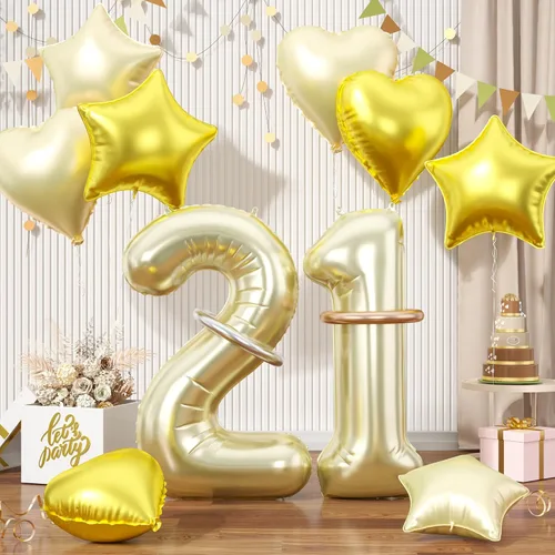 Vista 35 de Globos dorados de color champán con el número 11, globos de oro claro, globo de aluminio dorado con forma de corazón con estrella y globo largo