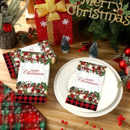 Vista 5 de Cholemy 200 servilletas de papel desechables de papel de 2 capas, diseño de bola de árbol de Navidad, diseño de Papá Noel negro, para cocina y baño