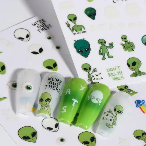 Vista 2 de Calcomanías de arte de uñas alienígenas: 3D Astronauta Space Alien UFO Rocket Tierra Luna Estrella Calcomanías de transferencia de uñas - Diseños