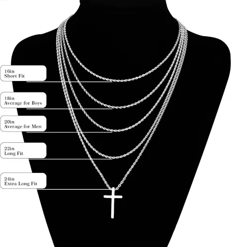 Vista 9 de LUXEJEW Collar de cruz para hombres y niños, cadena de cuerda de acero inoxidable plataoronegro, collar con colgante de cruz, joyería para hombre