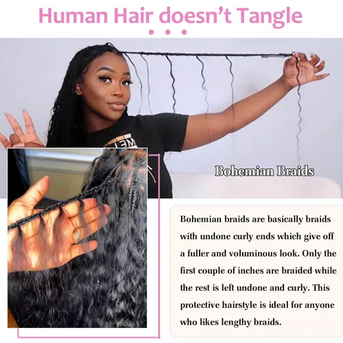 Vista 5 de Urbeauty Cabello Humano para Trenzar para Trenzas Boho Bob - Cabello Bohemio de Onda Profunda para Trenzar - Negro Azabache, 14 pulgadas Sin Nudos