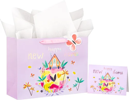 Vista 8 de WRAPAHOLIC Bolsa de regalo de 13 pulgadas con tarjeta y papel de seda, bolsas de papel de diseño Greeny House para inauguración de la casa, regalo