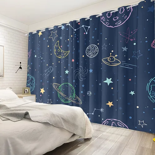 Vista 5 de Cortinas opacas de color azul marino para dormitorio de 84 pulgadas de largo con diseño de universo de dibujos animados, planeta, sala de estar