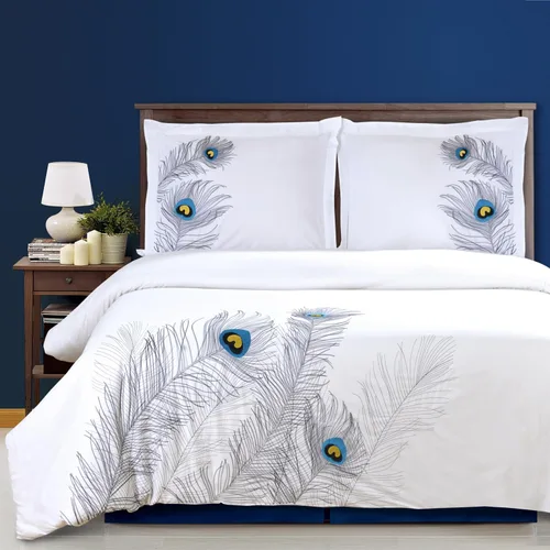 Vista 9 de 100% algodón, juego de funda de edredón de 3 piezas, tamaño matrimonial/queen, suave, bordado de pavo real, color plateado