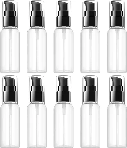 Vista 9 de Juego de botellas con bomba de viaje, paquete de 10 dispensadores de bomba de plástico transparente vacíos de 2 onzas (2.0 fl oz) con tapa negra