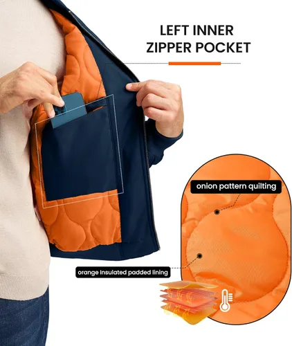 Vista 4 de Rdruko Chaquetas bomber para hombre, diseño de cebolla, acolchadas, cortavientos, con cremallera, 4 bolsillos, impermeables, de satén, para vuelo