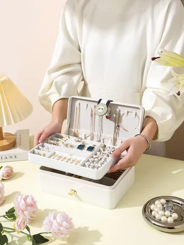 Vista 6 de AOSIFIEL Joyero y organizador para mujeres, adolescentes, niños, aretes, joyero con colgador de collar, caja de joyería de pie de piel sintética