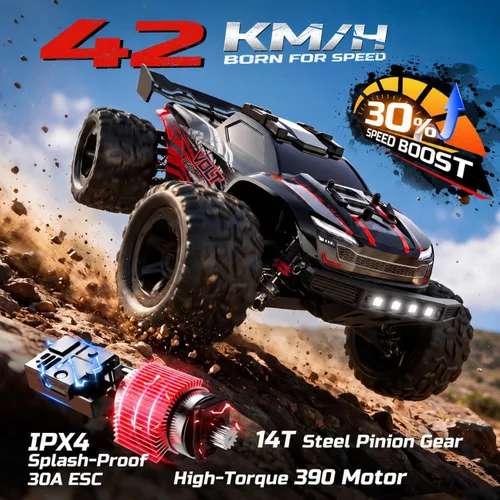 Vista 2 de DEERC 9312E escala 1/18 coches rápidos de control remoto, 42+ KPH Off Road Color base negro con rojo brillante