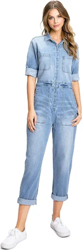 Vista 5 de Lana Roux Overol de mezclilla de pierna recta para mujer Aviator Utility Relax
