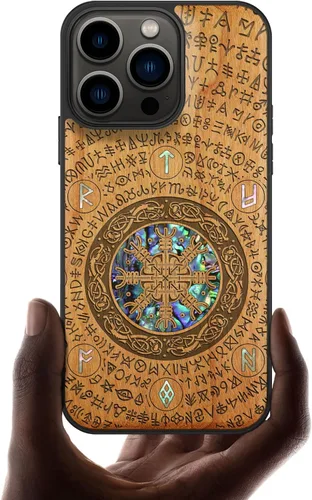 Vista 11 de Carveit Funda protectora de madera de diseñador para iPhone 13 Pro, cubierta magnética, grabado en madera e incrustaciones de concha, funda