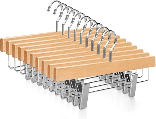 Vista 10 de TOPIA HANGER Perchas de madera negra para pantalones, perchas de falda de madera con clips, percha de lujo para jeans con gancho plano anti-óxido