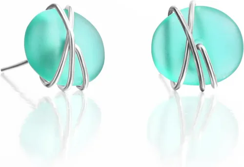 Vista 11 de Aretes de cristal de mar de plata de ley S925, hipoalergénicos, hechos a mano, aretes de tuerca hechos a mano de cristal de playa, joyería