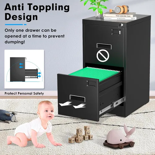 Vista 8 de Greenvelly Archivador Vertical de 18" D, Gabinete de 2 Cajones con Cerradura para Oficina en Casa, Metal Negro para Colgar Carpetas
