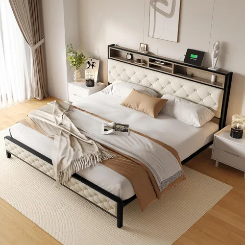 Vista 10 de YITAHOME Base de cama de plataforma tamaño Queen con cabecera de 45.2 pulgadas de alto, cabecera de almacenamiento tapizada con estación de carga