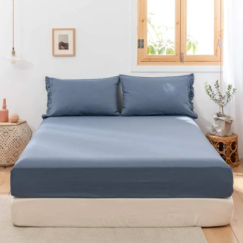 Vista 5 de Simple&Opulence Sábana bajera ajustable de lino (1 pieza), funda de colchón de 14 pulgadas de profundidad, mezcla de algodón natural, suave y Azul