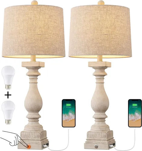 Vista 6 de BOBOMOMO Juego de 2 lámparas de mesa Farmhouse de 68,58 cm con control táctil de 3 vías regulable con puertos de carga USB A y USB C para mesita
