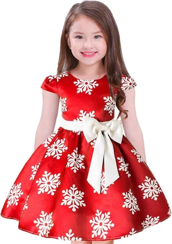 Vista 4 de Vestido de Navidad para niñas pequeñas, con estampado de copos de nieve, para boda, formal, cumpleaños, fiesta, con cinturón de lazo