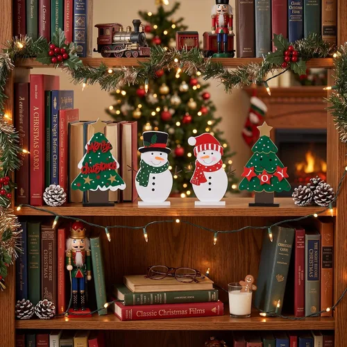 Vista 2 de DECSPAS Decoraciones navideñas para interiores, 4 piezas de árboles de Navidad de madera y muñecos de nieve para centros de mesa, bandeja escalonada