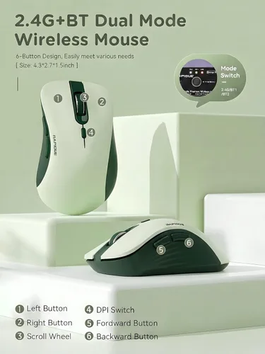Vista 9 de RAPIQUE Ratón inalámbrico Bluetooth, Bluetooth dual y receptor USB 2.4G, clics silenciosos, mouse ergonómico de 6 botones para mano derecha, DPI
