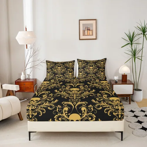 Vista 2 de Sábanas de cama góticas de damasco para adultos, sábana bajera ajustable victoriana antigua, sábanas góticas florales vintage, juego de ropa de cama