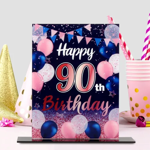 Vista 176 de LINGTEER Decoraciones de feliz cumpleaños número 11, 2 piezas de soporte de acrílico con impresión de pie rosa y azul, tablero de telón de fondo