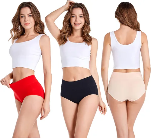 Vista 2 de Havvis - Calzones de cintura alta y de algodón para mujer, ropa interior que disimula la barriga, jacquard con rosas, paquete múltiple