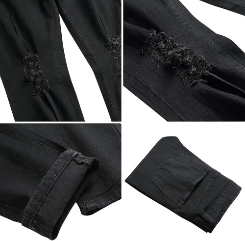 Vista 7 de LONGBIDA Pantalones de mezclilla ajustados rasgados para hombre, elásticos, ajustados, con agujeros en la rodilla, pierna cónica